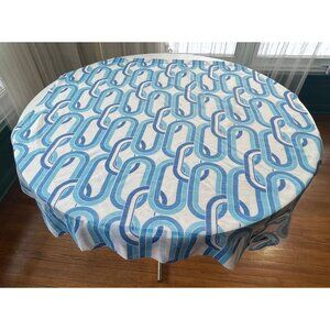Vintage 1970s curtain, blue and white geometric groovy pattern, single panel